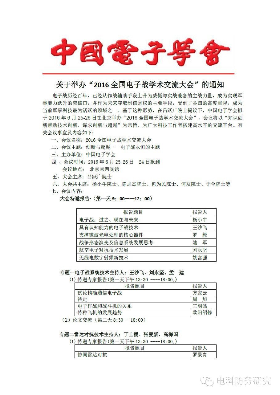 【友情转载】关于举办“2016全国电子战学术交流大会”的通知
